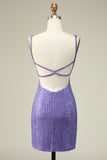 Sparkly Purple Sheath Sequins Short Homecoming Dress with Lace-Up Back