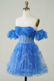 Cute Blue A Line Off The Shoulder Short Homecoming Dress