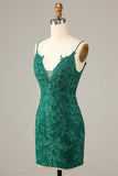 Dark Green Sheath Spaghetti Straps Beaded Short Homecoming Dress with Appliques