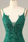 Dark Green Sheath Spaghetti Straps Beaded Short Homecoming Dress with Appliques