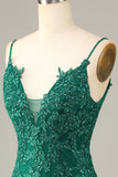 Dark Green Sheath Spaghetti Straps Beaded Short Homecoming Dress with Appliques