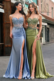 Dusty Blue Mermaid Pleated Sheer Corset Satin Long Prom Dress With Slit