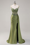 Green Mermaid Pleated Satin Corset Watteau Train Long Prom Dress With Slit