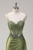 Green Mermaid Pleated Satin Corset Watteau Train Long Prom Dress With Slit