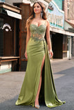 Green Mermaid Pleated Side Streamer Long Corset Satin Prom Dress With Slit