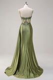 Green Mermaid Pleated Satin Corset Watteau Train Long Prom Dress With Slit