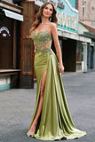 Green Mermaid Pleated Side Streamer Long Corset Satin Prom Dress With Slit