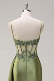 Green Mermaid Pleated Satin Corset Watteau Train Long Prom Dress With Slit