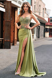 Green Mermaid Pleated Side Streamer Long Corset Satin Prom Dress With Slit