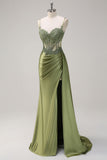 Green Mermaid Pleated Satin Corset Watteau Train Long Prom Dress With Slit