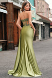 Green Mermaid Pleated Side Streamer Long Corset Satin Prom Dress With Slit