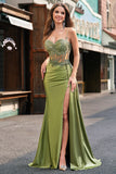 Green Mermaid Pleated Side Streamer Long Corset Satin Prom Dress With Slit