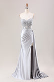 Dusty Blue Mermaid Pleated Sheer Corset Satin Long Prom Dress With Slit