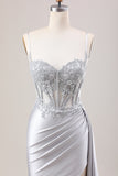 Dusty Blue Mermaid Pleated Sheer Corset Satin Long Prom Dress With Slit