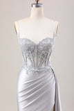 Silver Mermaid Pleated Sheer Corset Satin Long Prom Dress With Slit