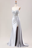 Dusty Blue Mermaid Pleated Sheer Corset Satin Long Prom Dress With Slit