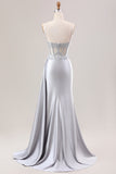 Dusty Blue Mermaid Pleated Sheer Corset Satin Long Prom Dress With Slit