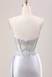 Dusty Blue Mermaid Pleated Sheer Corset Satin Long Prom Dress With Slit