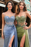 Dusty Blue Mermaid Pleated Sheer Corset Satin Long Prom Dress With Slit