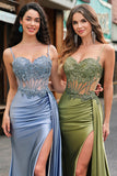 Silver Mermaid Ruched Sheer Top Corset Satin Watteau Train Prom Dress With Slit