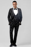 Men's Black Peak Lapel Jacquard One Button 3 Piece Wedding Suits