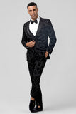 Men's Black Peak Lapel Jacquard One Button 3 Piece Wedding Suits