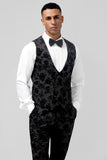 Men's Black Peak Lapel Jacquard One Button 3 Piece Wedding Suits