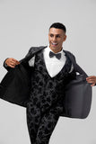 Men's Black Peak Lapel Jacquard One Button 3 Piece Wedding Suits