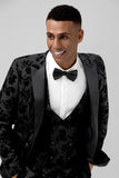 Men's Black Peak Lapel Jacquard One Button 3 Piece Wedding Suits