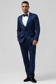 Men's Dark Blue Peak Lapel Jacquard One Button 3 Piece Prom Suits