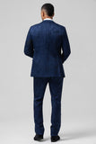 Men's Dark Blue Peak Lapel Jacquard One Button 3 Piece Prom Suits