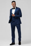 Men's Dark Blue Peak Lapel Jacquard One Button 3 Piece Prom Suits