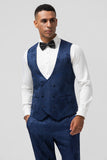 Men's Dark Blue Peak Lapel Jacquard One Button 3 Piece Prom Suits