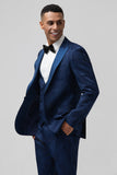 Men's Dark Blue Peak Lapel Jacquard One Button 3 Piece Prom Suits