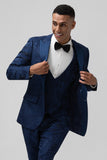 Men's Dark Blue Peak Lapel Jacquard One Button 3 Piece Prom Suits