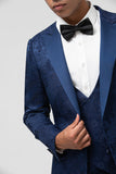 Men's Dark Blue Peak Lapel Jacquard One Button 3 Piece Prom Suits