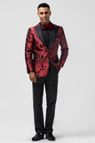 Men's Red Jacquard Peak Lapel Jacquard One Button 2 Piece Wedding Suits