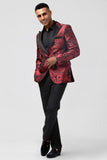 Men's Red Jacquard Peak Lapel Jacquard One Button 2 Piece Wedding Suits