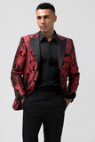 Men's Red Jacquard Peak Lapel Jacquard One Button 2 Piece Wedding Suits