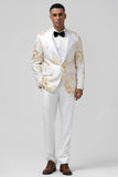 Men's Champagne Peak Lapel One Button Jacquard 2 Piece Prom Suits