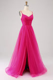 A-Line Spaghetti Straps Long Corset Fuchsia Prom Dress with Slit