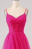 A-Line Spaghetti Straps Long Corset Fuchsia Prom Dress with Slit