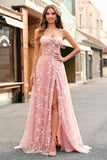 Blush A Line Spaghetti Straps Sparkly Sequin Corset Long Prom Dress With Slit