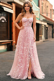 Blush A Line Spaghetti Straps Sparkly Sequin Corset Long Prom Dress With Slit