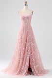 Blush A Line Spaghetti Straps Sparkly Sequin Corset Long Prom Dress With Slit