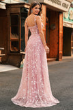 Blush A Line Spaghetti Straps Sparkly Sequin Corset Long Prom Dress With Slit