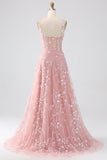 Blush A Line Spaghetti Straps Sparkly Sequin Corset Long Prom Dress With Slit