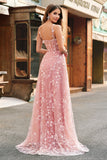 Blush A Line Spaghetti Straps Sparkly Sequin Corset Long Prom Dress With Slit