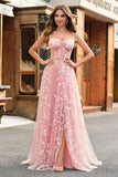 Blush A Line Spaghetti Straps Sparkly Sequin Corset Long Prom Dress With Slit