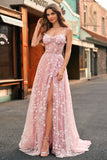 Blush A Line Spaghetti Straps Sparkly Sequin Corset Long Prom Dress With Slit